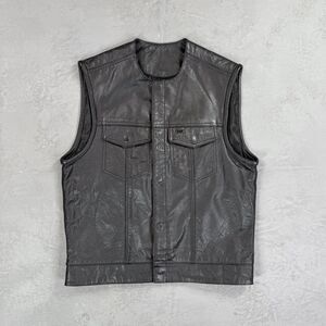Vintage Street & Steel Black Pebbled Leather Snap Front Motorcycle Vest  Men's M